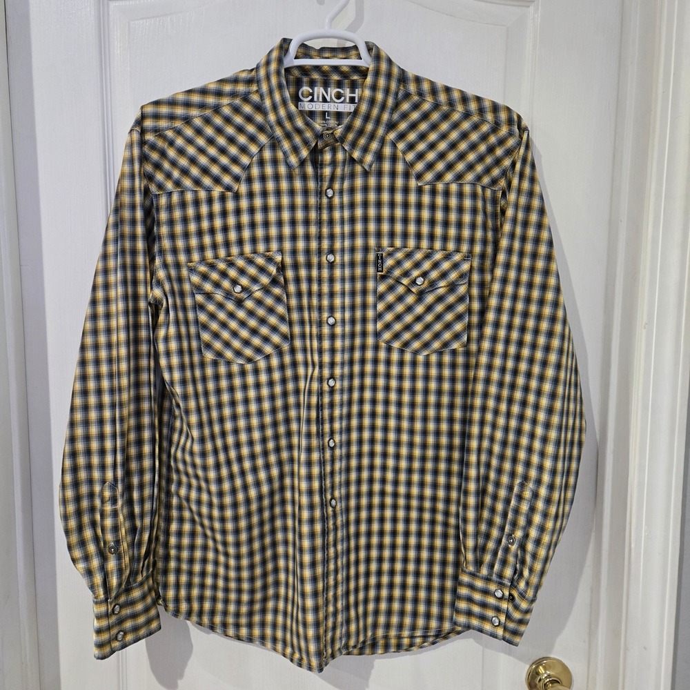Cinch Western Shirt Mens Large Yellow Plaid Modern Fit Pearl Snap Western Rodeo